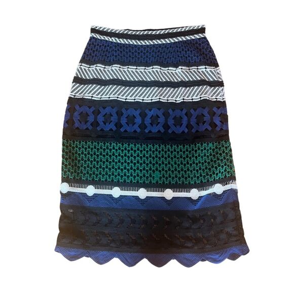 Sea New York Dresses & Skirts - Sea NY Used Crochet Stripe Pencil Skirt Black White Blue Green Scalloped Sz 6